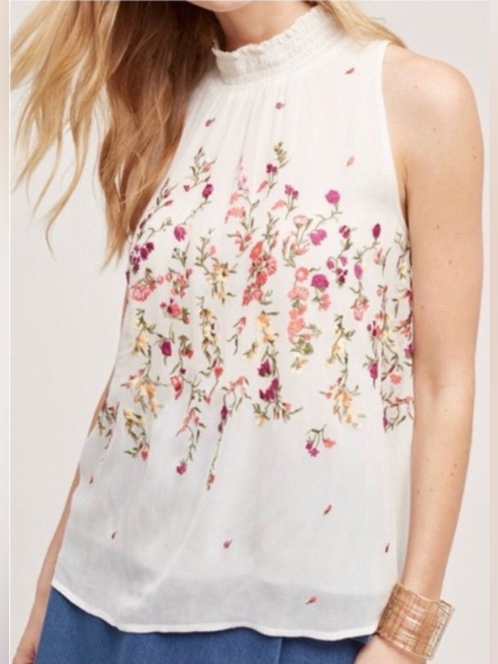 Floreat White Floral Embroidered Sleeveless Mock Neck Blouse